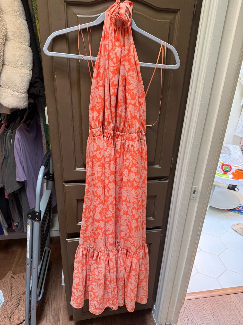 Chelsea28 Coral Floral Backless Halter Maxi Dress
